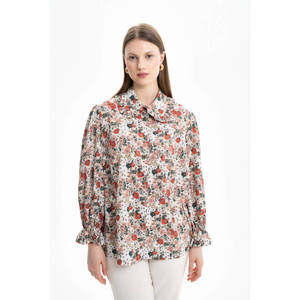 Blusa de Gasa con Estampado Floral para Mujer, Talla XL, con Cuello y Mangas Detallados para Oficina - Product Image 1