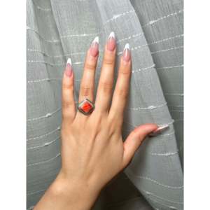 Peggy Skeets Spiny Oyster Sterling <b>Ring</b> Geometric Boho <b>Statement</b> Smooth Cut Coral Stone Size 4.75 Rhodium Plating Everyday Wear - Product Image 4