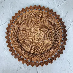 Mantel Individual de ratán tejido a mano marrón oscuro con borde de bucle, placa de cargador de mimbre redonda rústica para decoración de comedor de granja - Product Image 4