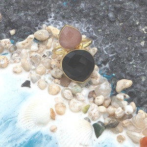 Export Quality Handmade 18K Gold Plated Brass <b>Black</b> Onyx & Peach Moonstone Oval Round <b>Ring</b> Wedding Party Gift From India - Product Image 1