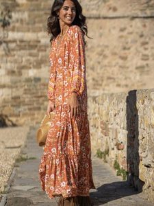 Boho Floral Print Frill Vintage Bohemian Print V-Neck Street <b>Dress</b> Casual Summer Loose Long Sleeve <b>Dress</b> Maxi <b>Dress</b> - Product Image 6