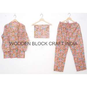 Conjunto de pijama con estampado Floral Vintage indio hecho a mano de algodón puro para mujer con cintura elástica, ropa de dormir suave transpirable y de secado rápido - Product Image 1
