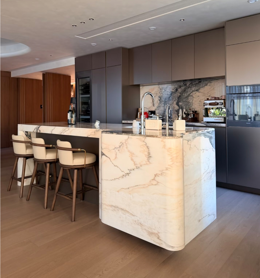 Photo inspiration: High End Eco Friendly Unit Reference: High End Eco Friendly White Kitchen Cabinets With Marble Countertop