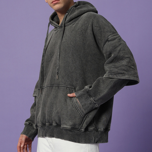 Sudaderas con capucha de manga doble lavadas de peso pesado para hombres Sudaderas con capucha desgastadas lavadas con ácido de gran tamaño para hombres - Product Image 4