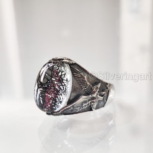 Anillo de Plata de Ley 925 para Hombre al por Mayor con Cuarzo Rutilado Negro Natural, Piedra de Nacimiento, Águila, Joyería Árabe, Regalo de Navidad - Product Image 1