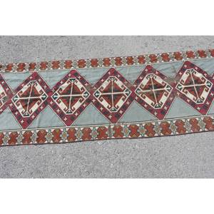 Alfombra turca étnica roja azul 2,6X7,7 pies de área grande Material de lana Patrón de retazos Látex para sala de estar Pasillo Alfombra de habitación de 10mm - Product Image 3