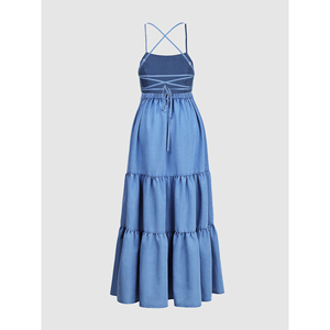 Vestido Largo Formal de Mezclilla para Mujer Paola Riboni, Corte en A, Sin Mangas, Color Azul Claro, con Bolsillos y Volantes - Product Image 2