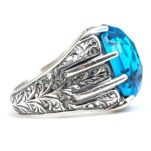 <b>925</b> Sterling <b>Silver</b> Dainty Men's <b>Ring</b> with Faceted Aquamarine Stone Oval Cut Bezel Setting Handcrafted Everyday Wear Jewelry - Product Image 3