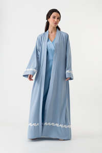 Robe Abaya de Dubaï personnalisable en satin de soie bleu clair de luxe, à manches longues, infroissable, faite à la main, vente en gros, traditionnelle musulmane haut de gamme - Product Image 5