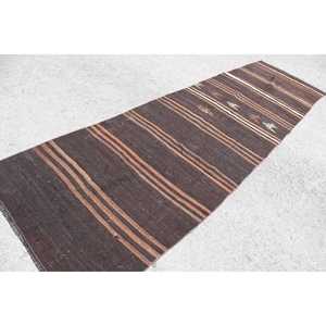 Vintage Kilim Rug 3.9x12.9 ft, <b>Brown</b> White Plants & trees <b>Wool</b> Turkish Rug - Product Image 2