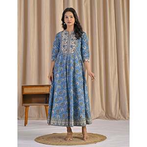 Vestido Anarkali gris verdoso con estampado a mano, ropa étnica pakistaní india cosida para niñas, ideal para fiestas. - Product Image 3