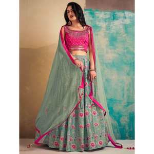 Conjunto de Lehenga Choli Chinon para Bodas, Hermoso Estampado Verde Mar, para Mujer - Product Image 5