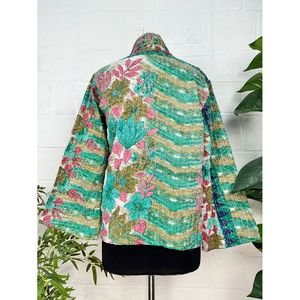 Handstitched Boho Chic <b>Vintage</b> Kantha Stitch Dori Jacket One-of-a-Kind Reversible Short <b>Coat</b> with <b>Stand</b> Collar Woven Fabric - Product Image 3