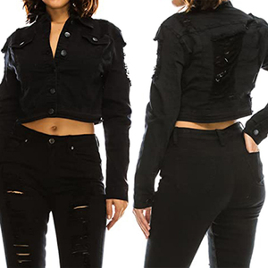 Women's <b>Cropped</b> Trucker <b>Jacket</b> Black Long Sleeve Button Front Solid Color Turn-down Collar Full Sleeve Casual Autumn Wear - Product Image 4