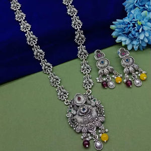 LATEST DESIGNER FASHIONABLE ABD TRADITIONAL <b>GOLD</b> PEARL OXIDSIDE SILVER BLACK MENTAL <b>JEWELLERY</b> LONG PENDANT NECKLACE SET for - Product Image 1