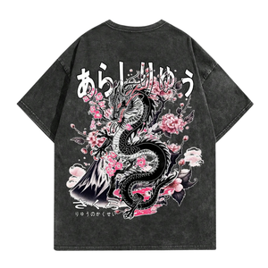 Vintage Washed Black <b>Dragon</b> Graphic T-<b>Shirt</b> Short Sleeve Crew Neck Japanese Style Casual Streetwear 100% Cotton 280 Grams - Product Image 2
