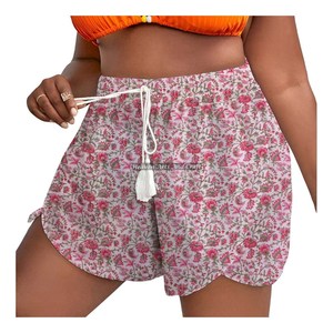 Shorts en voile de coton léger, imprimé à la main, avec cordon de serrage, style enveloppant, doux, pour le sommeil, faits sur mesure - Product Image 1