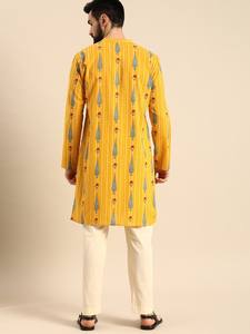 Kurta en coton jaune moutarde pour hommes et pantalon blanc kurta en coton pur avec pantalon pour hommes vêtements de production en vrac - Product Image 5