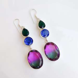 Bi-Color <b>Tourmaline</b> Multi-Stone Dangle <b>Earrings</b> 92.5 Silver Plated Crystal <b>Earrings</b> Handmade Boho Jewelry Gift for Her - Product Image 6