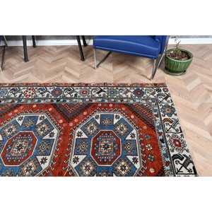 5.6x8.6 ft Vintage Rug, Turkish Large Rug, <b>Red</b> Blue Striped <b>Wool</b> Rug - Product Image 5