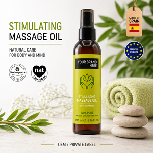 Aceite de Masaje Estimulante de Marca Privada 200ml OEM |   Aceite Corporal de Menta, Romero y Manjerona |   Vegano Natural |   Hecho en España, UE - Product Image 1