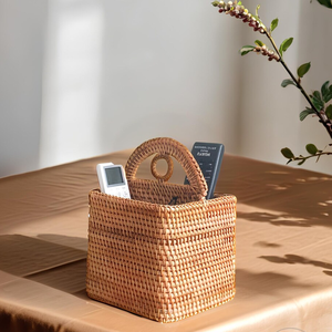 Handwoven Rattan Rectangular <b>Storage</b> <b>Basket</b> with Handles for <b>Shelf</b> and Cabinet Organization - Product Image 2