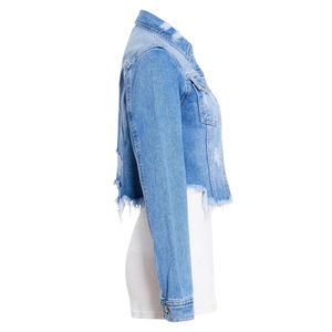 Veste en jean courte de style européen pour femmes, décontractée, unie, délavée à l'acide, avec dentelle contrastée, printemps automne, trou incrusté de diamants - Product Image 2