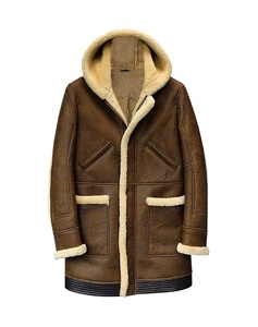 Mens Shearling Hooded <b>Coat</b> Real Genuine Leather Ternch Mid Length Sherpa Fur Warm filling Winter Rancher <b>Coat</b> Jacket Wholesale - Product Image 1