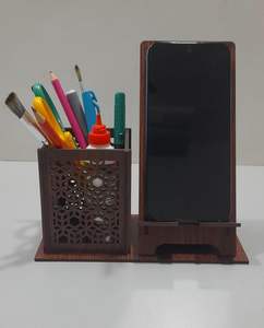 Support de téléphone en bois à motif géométrique, support de stylo, design hexagonal, marron foncé - Product Image 4