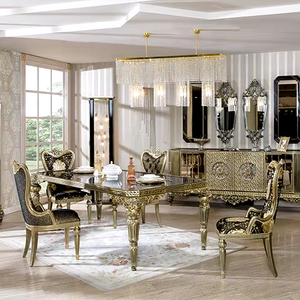 Bel ensemble de salle à manger Flambo classique avec sculpture à la main en bois massif et finition dorée pour la salle à manger - Product Image 1
