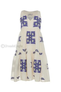 Haute qualité femmes imprimé courte robe midi a-ligne tunique col en v sans manches jupe à volants avec garniture à volants - Product Image 6