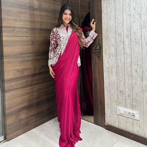 Sari de Alta Calidad de Fab Zone, Diseño de Última Moda con Bordado y Cordones, Tela de Imitación Georgette, Listo para Usar, Ideal para Fiestas y Festivales - Product Image 4