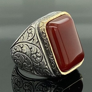 <b>Men</b> Handmade Red Agate Gemstone <b>Ring</b> Ottoman Style Bezel Setting 925 Sterling <b>Silver</b> Third Party Certified Gift Him - Product Image 1
