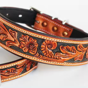 Collar de perro de cuero marrón tostado de estilo occidental con estampado floral curvo, elegante, precio al por mayor para mascotas y correa - Product Image 1