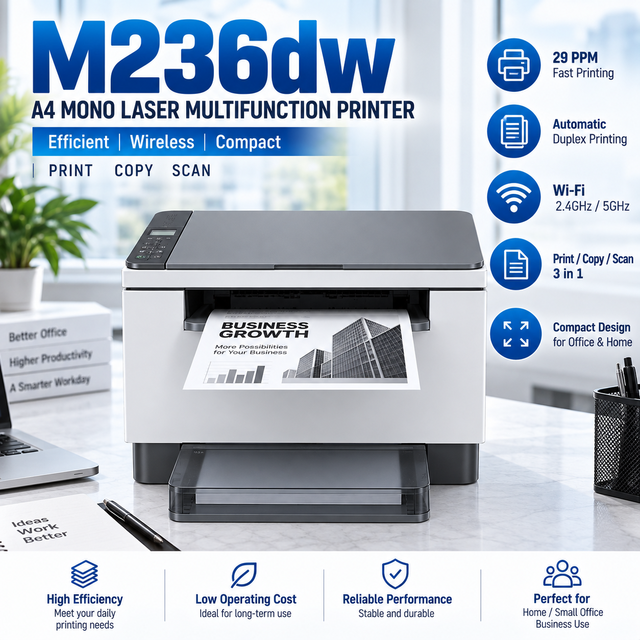 M236dw Refurbished A4 Mono Laser Multifunction Printer 30ppm Duplex Wireless Network Copier Scanner Office Machine Black Powder
