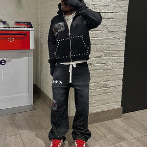 Fabricant Vintage personnalisé survêtement lavage à l'acide éponge française fermeture éclair DTG impression strass rivet sweats à capuche pantalons de survêtement survêtements - Product Image 3