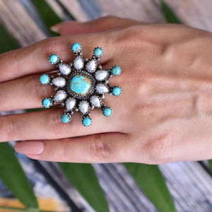 Handmade Turquoise and Pearl 925 <b>Sterling</b> <b>Silver</b> <b>Adjustable</b> <b>Ring</b> - Statement Jewelry for Women - Product Image 1