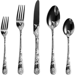 Ensemble de 5 couverts en acier inoxydable Cuisine idéale Salle à manger Maison Hôtel Utilisation Couverts enduits de couleur noire Poignée imprimée - Product Image 4