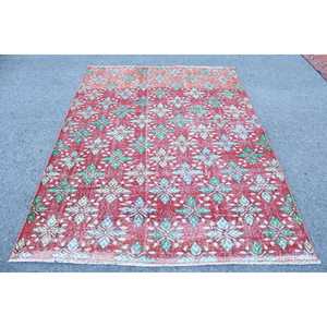 Alfombra turca grande de 5.4x7.6 pies, alfombra de lana roja y verde con motivos vintage de plantas y árboles - Product Image 1