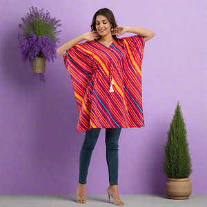 <b>Pink</b> Cotton Kaftan Dress with Leheriya Pattern Print Western Style-SHKUP1228 - Product Image 1