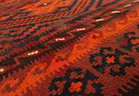 Handgefertigter marokkanischer rot-orangefarbener abstrakt geometrischer Woll-Knoten-Teppich, Super Kazak, rechteckig, umweltfreundlich, Premium, rutschfest, niedriger Flor