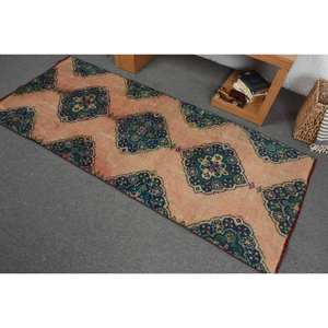 Alfombra de lana de retazos Vintage 2,9x6,7 pies tejido plano turco azul Beige alfombra de sala de estar con respaldo de látex - Product Image 4