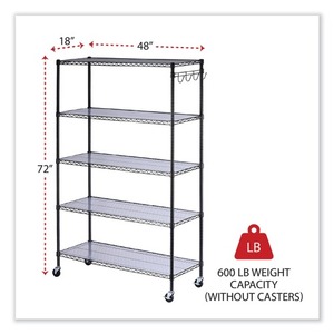 Alera ALESW654818BA 48 In. X 18 In. X 72 In. 5-<b>Shelf</b> Wire Shelving Kit Casters <b>Shelf</b> Liners Black Anthracite <b>for</b> <b>Kitchen</b> - Product Image 4
