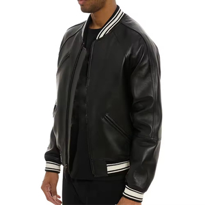 Blouson aviateur en cuir véritable personnalisé pour homme avec col montant, fermeture éclair, style urbain et logo frontal - Product Image 6