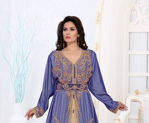 Trendy Moroccan Kaftan <b>Full</b> Sleeve V Neck Handmade Georgette Abaya Dress Embroidery Traditional Muslim Clothing Accessory for - Product Image 2
