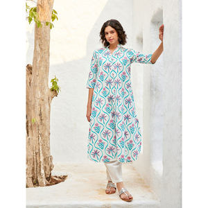 Floral Cotton <b>Kurta</b> <b>for</b> <b>Women</b>-Casual Elegant Midi Length with Puff Sleeves - Product Image 6