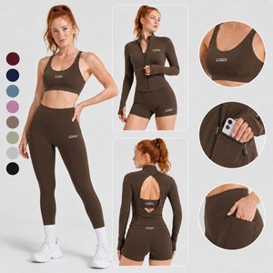 Fitness Outfit <strong>Women</strong> Yoga Set Espresso <strong>Brown</strong> Zip Jacket Sports Bra <strong>Leggings</strong> Three Piece 3 Piece for Yoga Training - Product Image 1