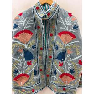 Buzkashi Garden Quilted Reversible Suzani Hand-Embroidered Velvet Bomber <b>Jacket</b> XL Slate Blue-Sustainable Varsity for Autumn - Product Image 1