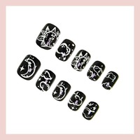 MEN-DY-958 Faux ongles noirs punk étoile lune pour hommes, réutilisables, couvrance totale, amovibles, 24 pièces