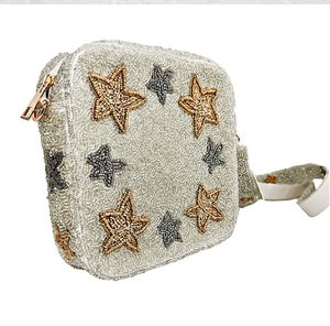 กระเป๋าถือพร้อมสายรัดครีมซิลเวอร์โกลด์สตาร์ประดับลูกปัดสายคาดลำตัวรูปดาว - Product Image 3